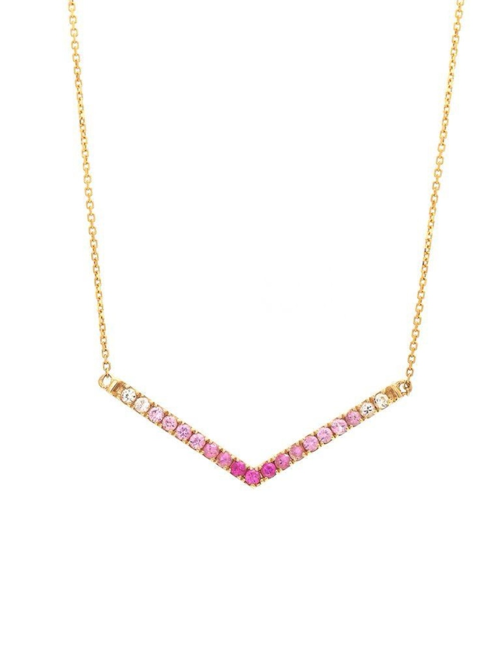 14K Real Yellow Gold Round Prong Pink Sapphire Rainbow “V” Necklace 16+2″